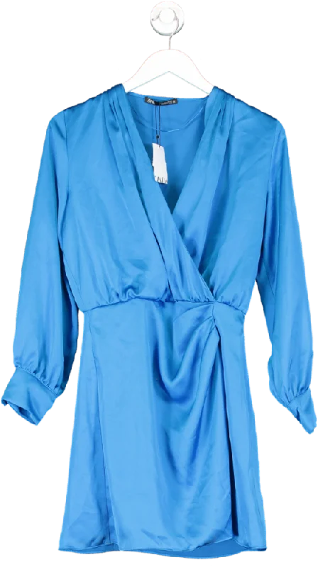 ZARA Blue Draped Satin Long Sleeve Wrap Mini Dress BNWT UK S