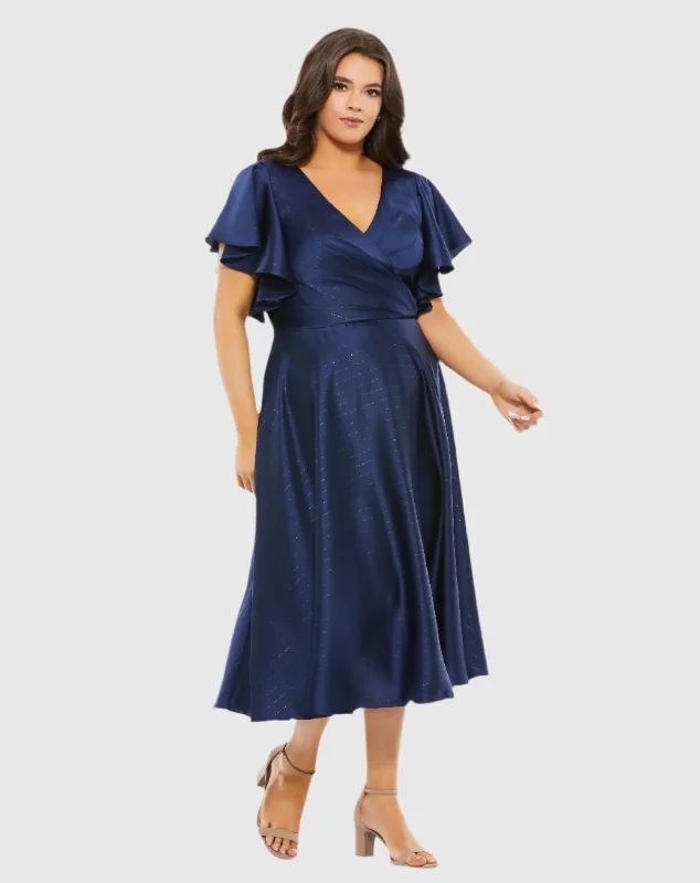 Faux Wrap Butterfly Sleeve Flowy Midi Dress (Plus)