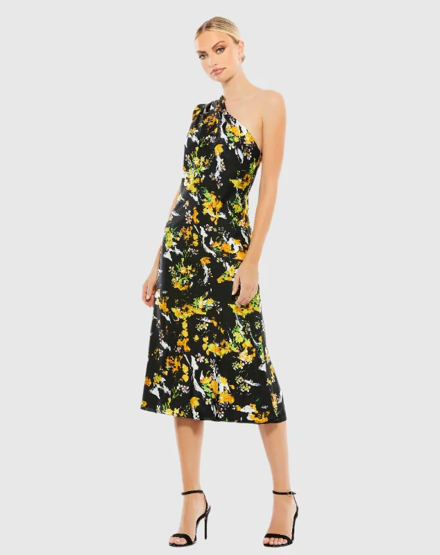 Floral Print Draped One Shoulder Midi Dress - FINAL SALE