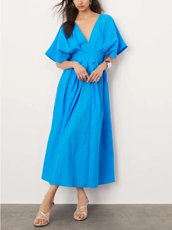 V-Neck Short Sleeve Charming Midi Dress In Blue