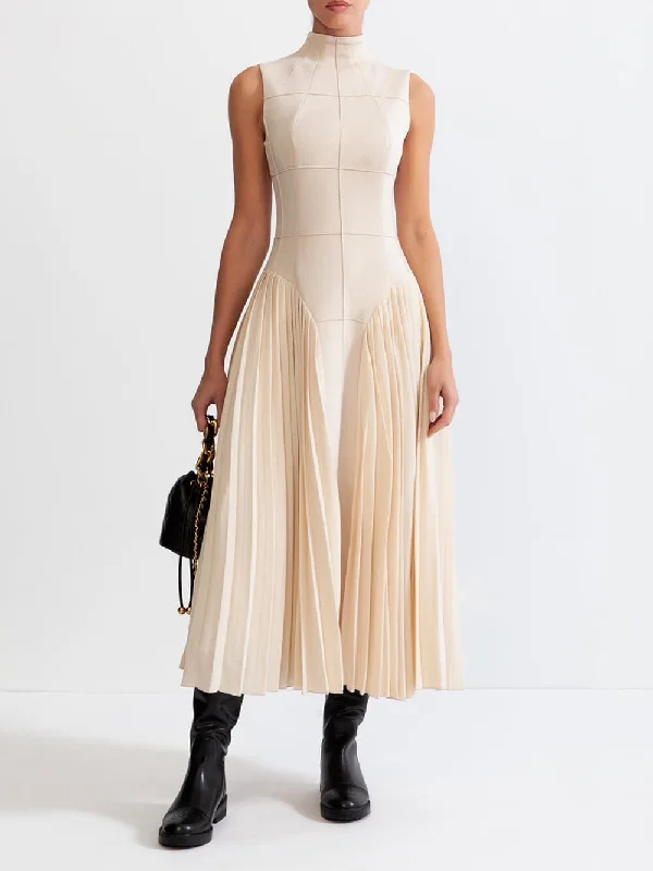 Unique Pleated Paneled Charming Sleeveless Midi Dress