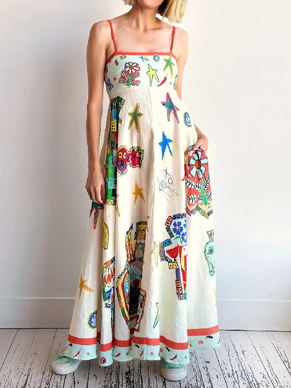 Unique Graffiti Print Suspenders Graceful Long Swing Midi Dress