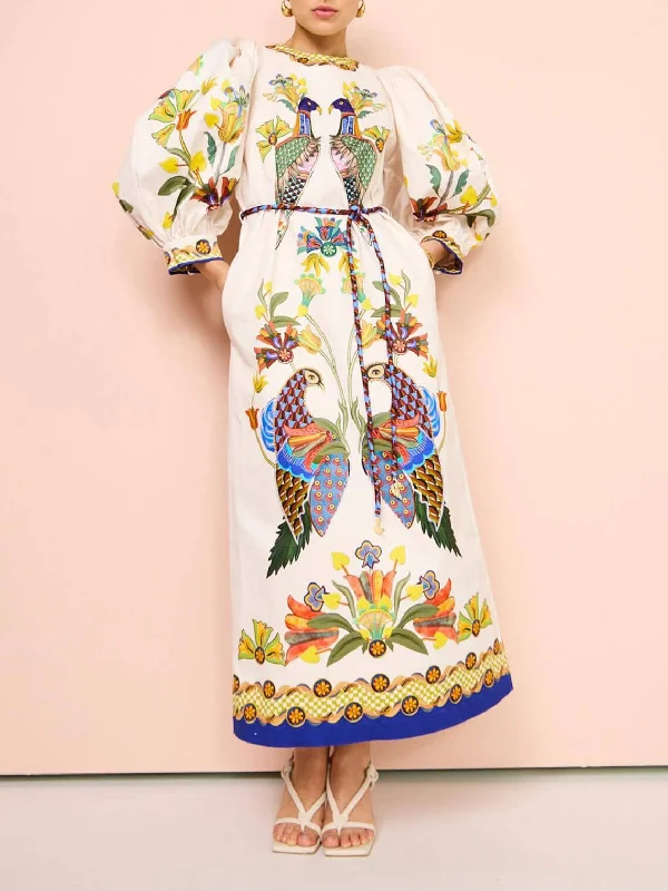 Exquisite And Fun Printed Puff Trendy Sleeves Loose Casual Midi Dress