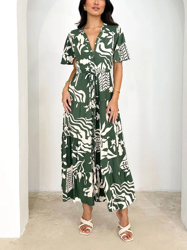 Short Sleeve Resort Charming Print Midi Dress