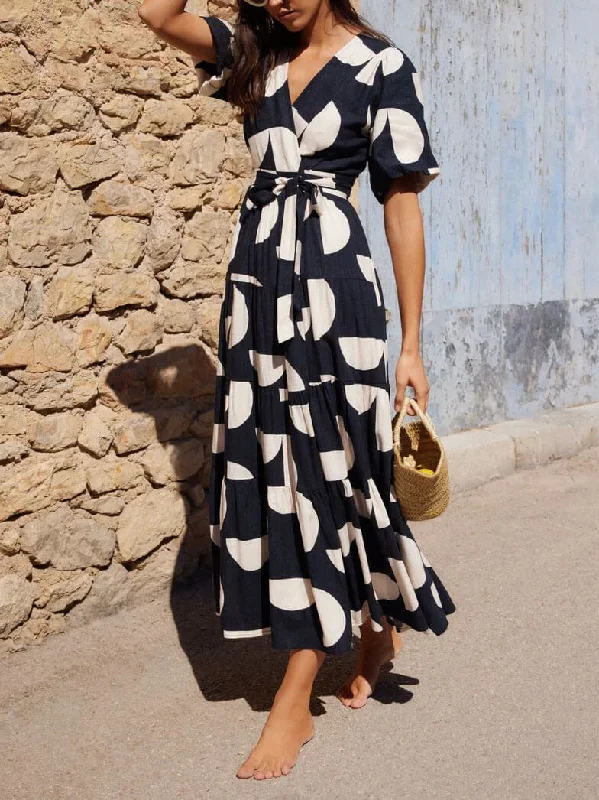 Puff Sleeve V-Neck Charming Geometric Print Midi Dress