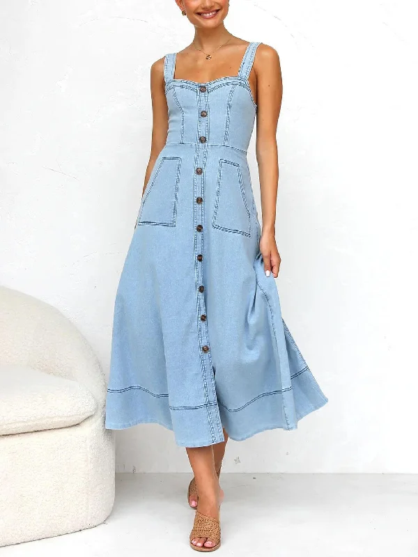 Denim Suspender Casual Charming Button Midi Dress