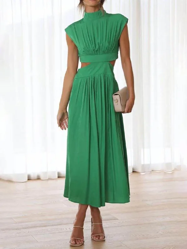 Cutout Waist Pocketed Charming Vacation Midi Dress