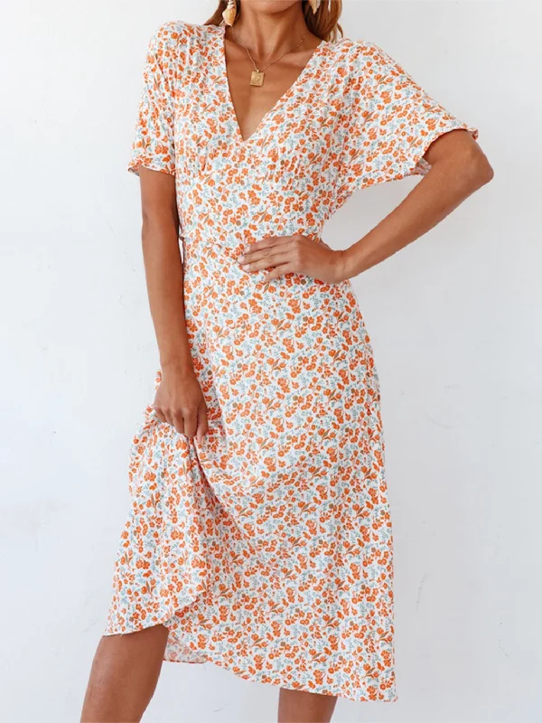 Ditsy Floral V-Neck Short Sleeve Midi Dress