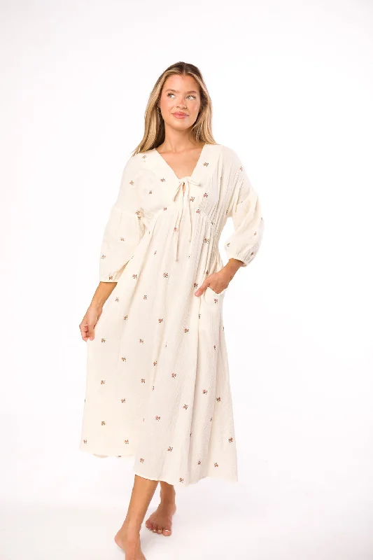 Hunter 100% Cotton Gauze Midi Dress in Soy/Pink Floral - Bump Friendly