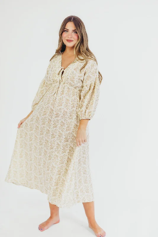 Hunter 100% Cotton Gauze Midi Dress in Natural/Tan Floral - Bump Friendly and Inclusive Sizing