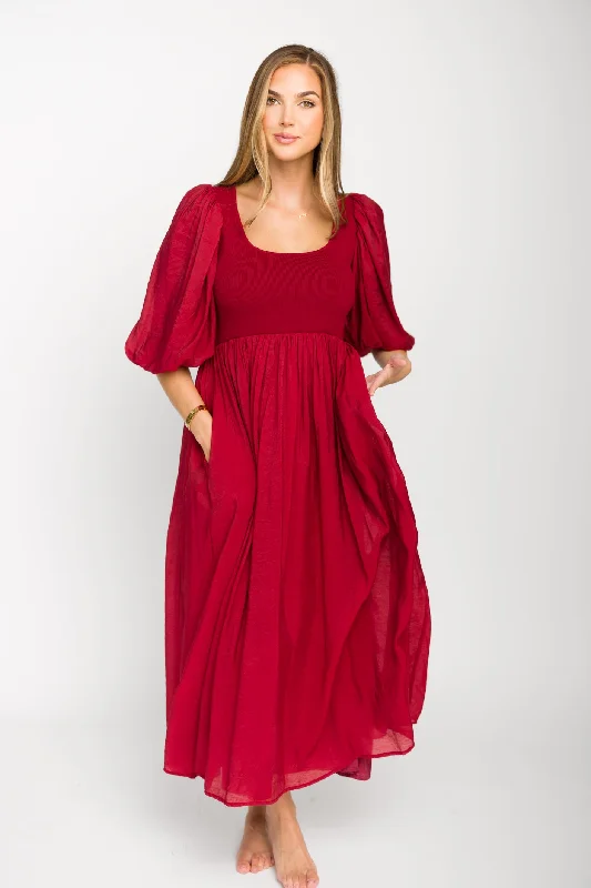 Raina Combination Midi Dress with Puff Sleeves in Burgundy - Bump Friendly