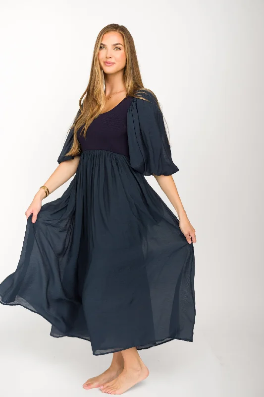 Raina Combination Midi Dress with Puff Sleeves in Navy - Bump Friendly