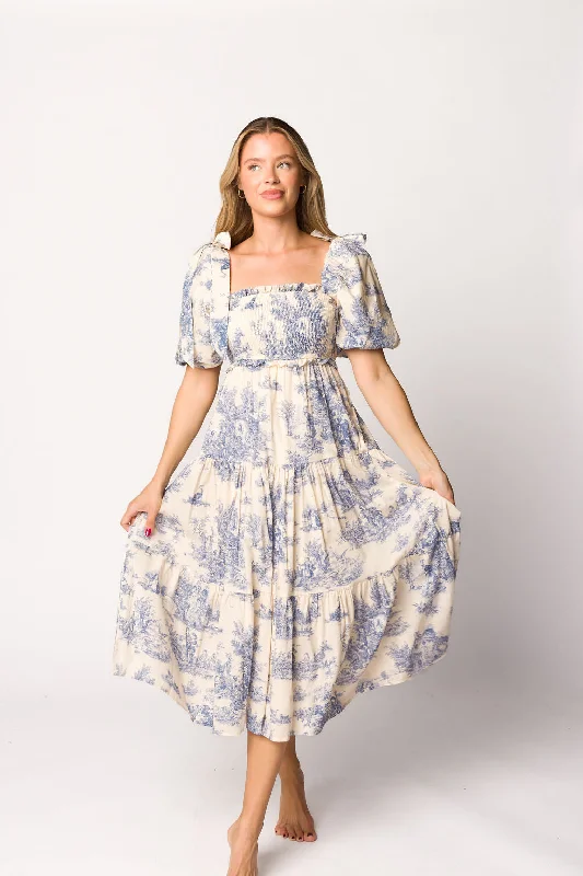 Elena 100% Cotton Toile Print Smocked Midi Dress in Blue - Bump Friendly -Restocking in November