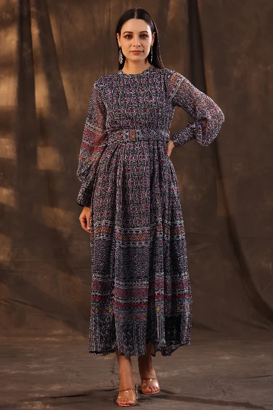 Navy Blue Chiffon Printed Flared Maxi Dress