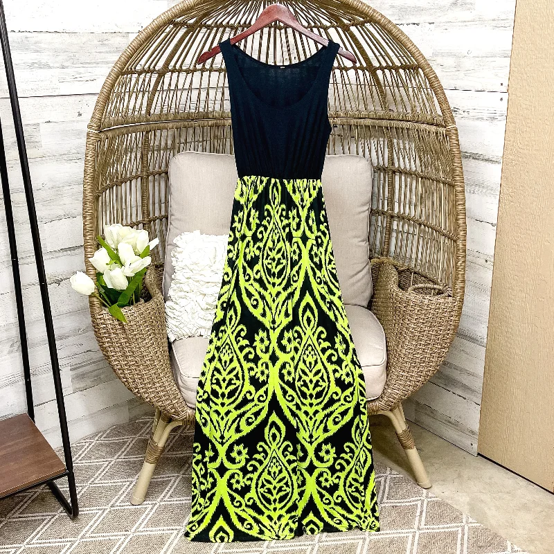 Last Chance Size Medium | Black Tank Maxi Dress in Black and Neon Green Damask Print