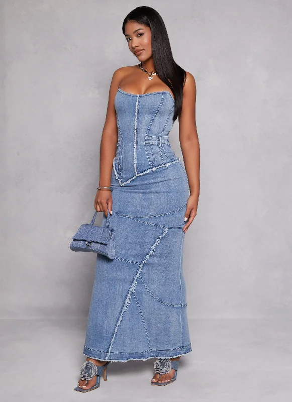 Denim Frayed Corset Maxi Dress