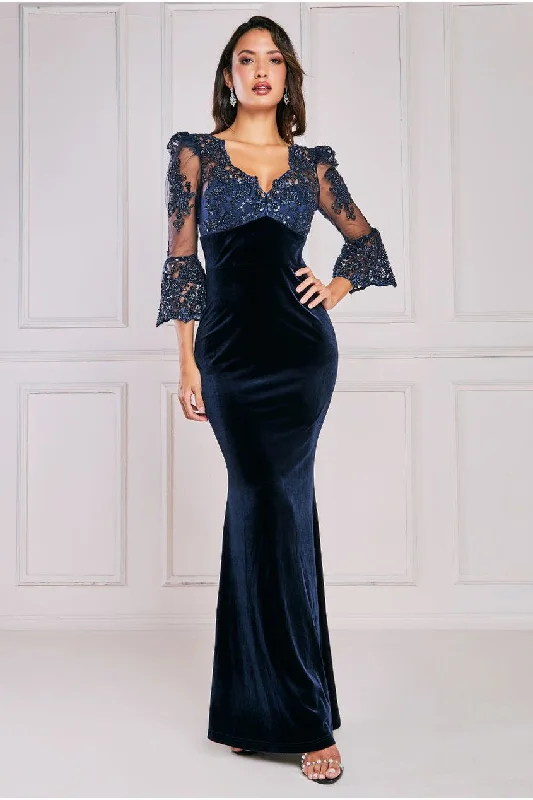 Goddiva Scalloped Lace & Velvet Maxi Dress - Navy