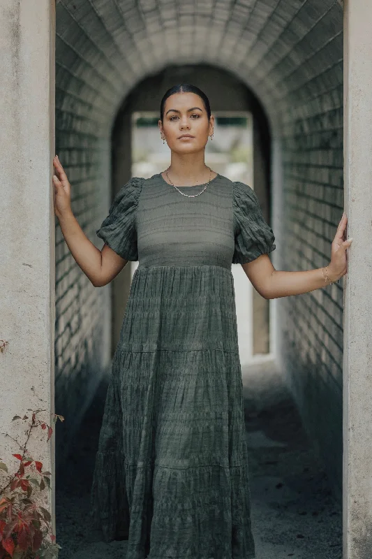 Graceful Khaki Shirred Cotton Bubble Sleeve Tiered Maxi Dress