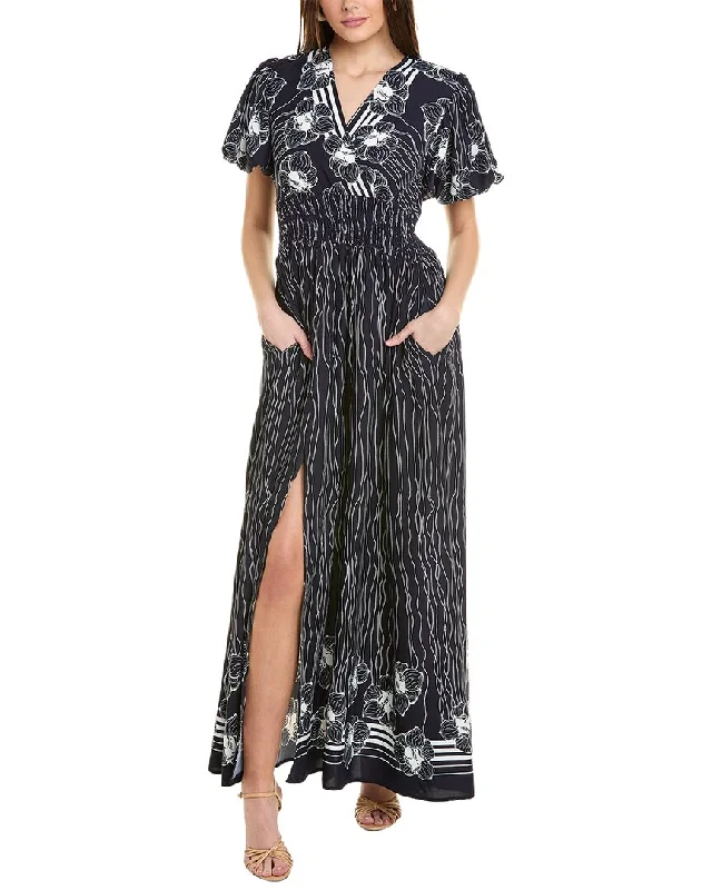 Gracia Lines & Flower Print V-Wrap Maxi Dress