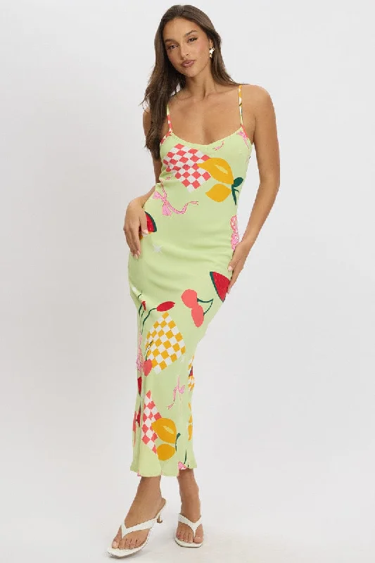 Green Abstract Maxi Dress Bias Cut