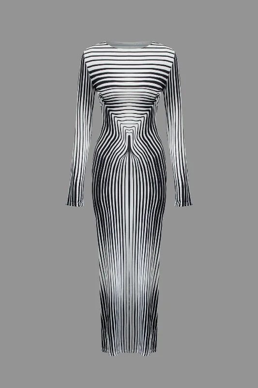 Stripe Contrast Round Neck Long Sleeve Maxi Dress