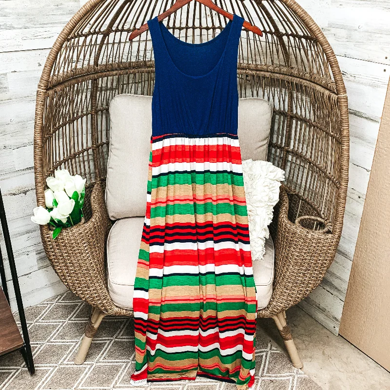 Navy Blue Tank Maxi Dress in Multicolor Stripe Pattern