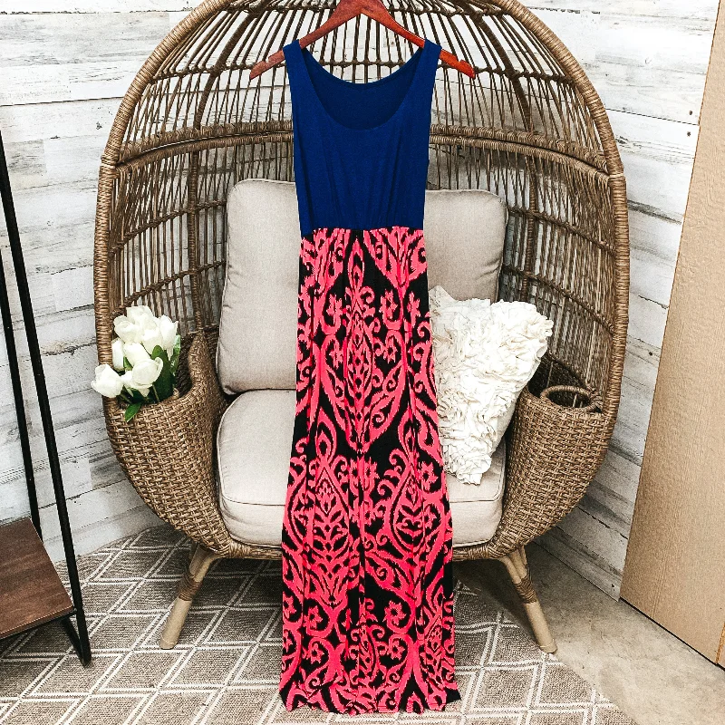 Last Chance Size Small | Navy Blue Tank Maxi Dress with Hot Pink and Black Damask Pattern