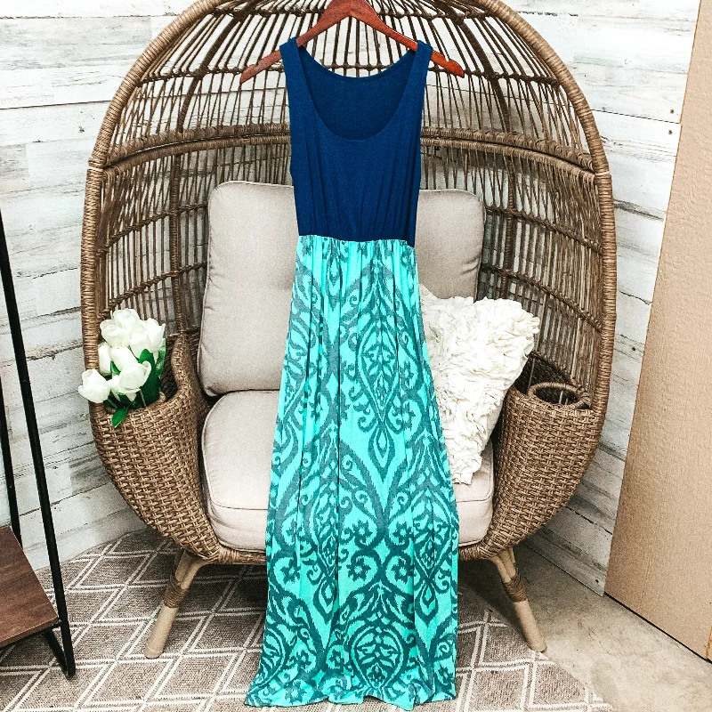 Last Chance Size Small & Med. | Navy Blue Tank Maxi Dress with Mint and Grey Damask Pattern