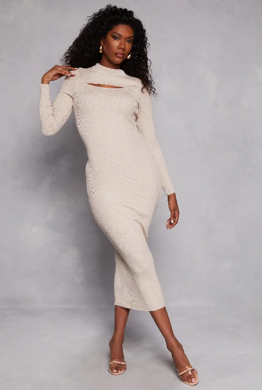 Ribbed Knit Cut Out Long Sleeve Maxi Dress