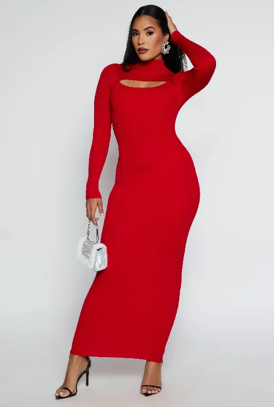 Ribbed Knit Cut Out Long Sleeve Maxi Dress