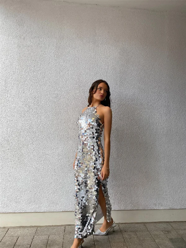 Selena Halterneck Sequin Maxi Dress -Silver