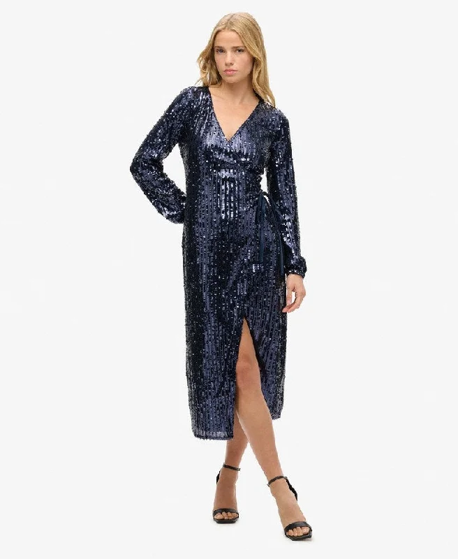 Sequin Wrap Maxi Dress | Navy Sequin