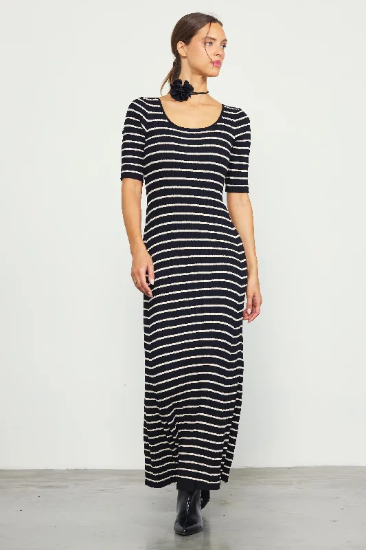 Short Sleeve Striped Knit Maxi Dress