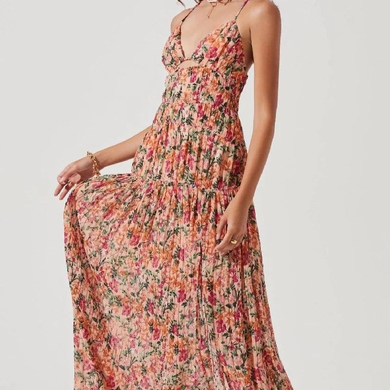 Tropics Plunge Neck Open Back Maxi Dress In Peach Fuchsia Floral