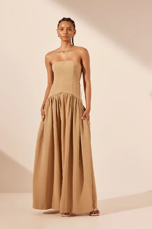 VENTO LACE UP STRAPLESS MAXI DRESS - SAND