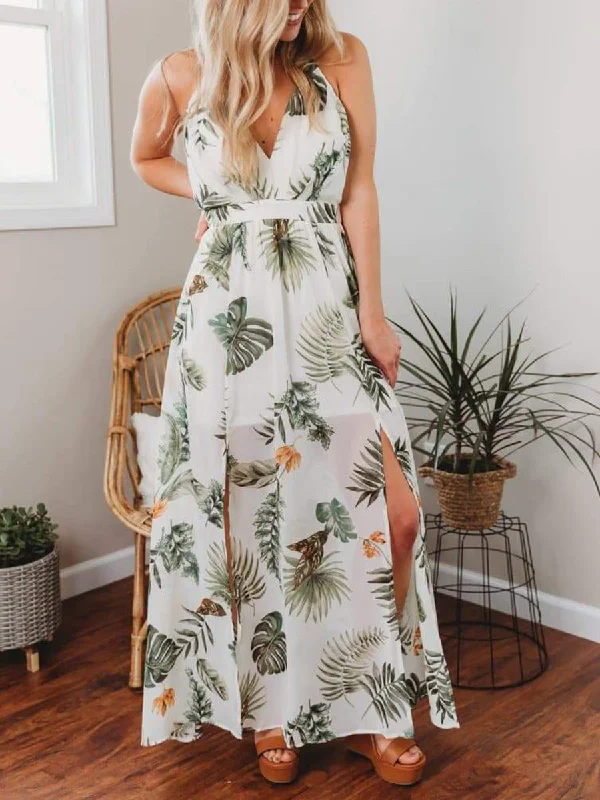 Women V-neck Strap Tropical Print Maxi Dress for Holiday