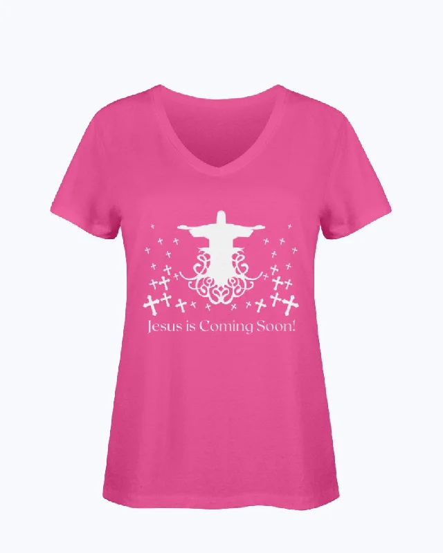 T-Shirt Women's HD V Neck Jesus is Coming White