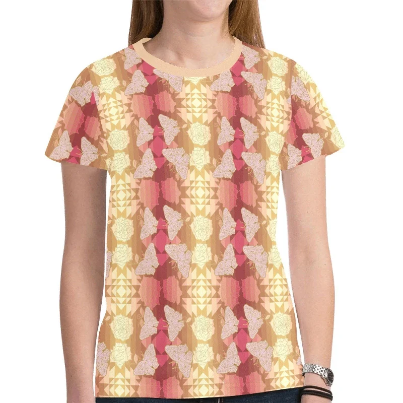 Butterfly and Roses on Geometric T-shirt for Women