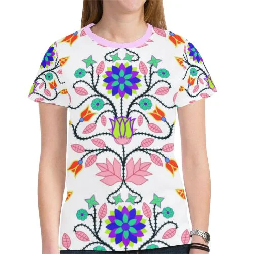 Floral Beadwork Four Clans White T-shirt for Women