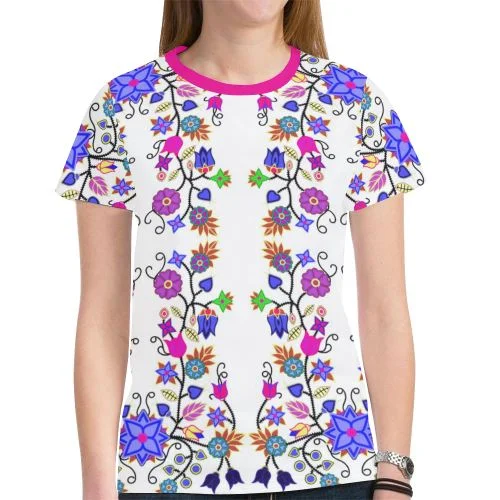 Floral Beadwork Seven Clans White T-shirt for Women