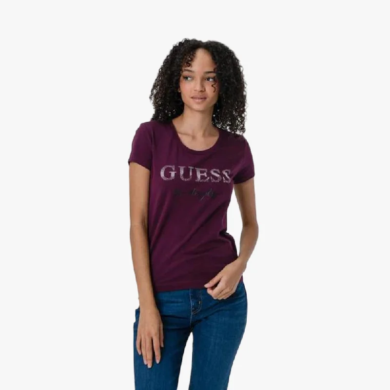 Guess Womens Micro Stud Logo Short Sleeve Tee Cherry