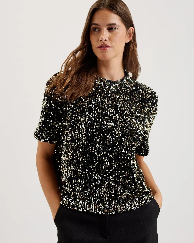 Zarhaaa Velvet Sequin Short Sleeve Tee Black