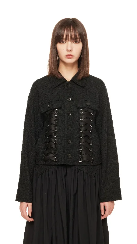 Tweed Lace-Up Jacket A-Line Jacket Boat Neck Shawl Collar