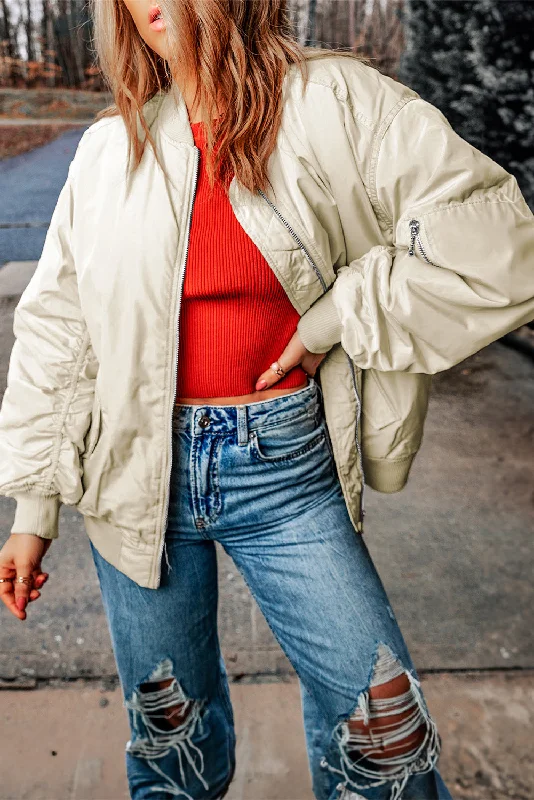 Apricot Zip-Up Puffer Jacket with Side Pockets Notch Collar Jacket Peter Pan Collar Jacket Cowl Neck Jacket