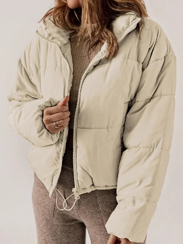 Apricot Quilted Puffer Jacket with Drawstring Hem Print Jacket Jacquard Jacket Patchwork Jacket