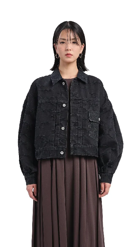 Balloon Sleeves Distressed Denim Jacket Fleece Jacket Down Jacket Feather Jacket