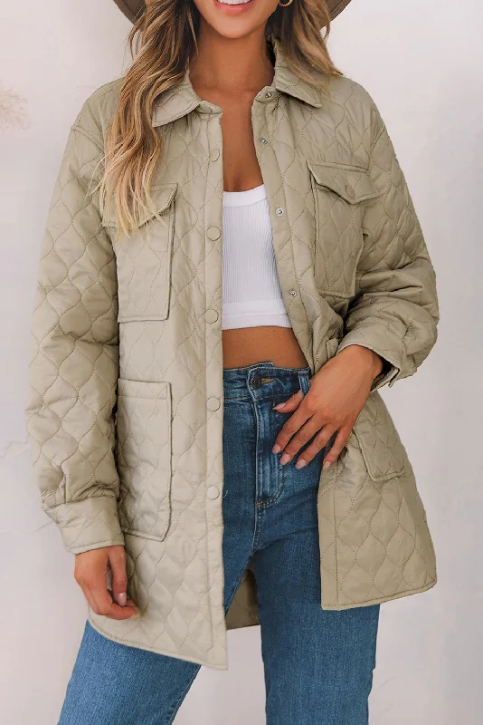 Quilted Beige Puffer Jacket with Button Front and 4 Oversized Pockets Collared Jacket Crew Neck Jacket Turtle Neck Jacket