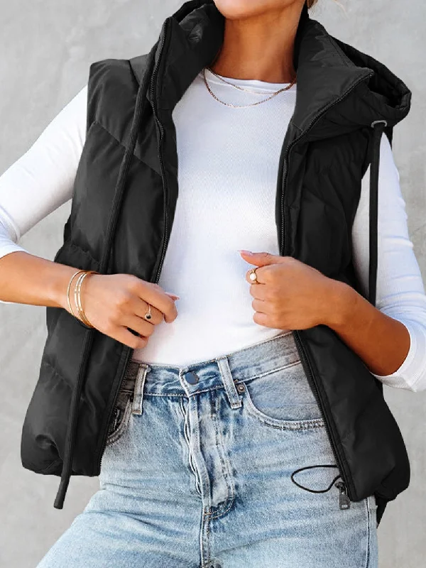 Sleek Black Quilted Hooded Puffer Vest Jacket Bomber Jacket Anorak Windbreaker