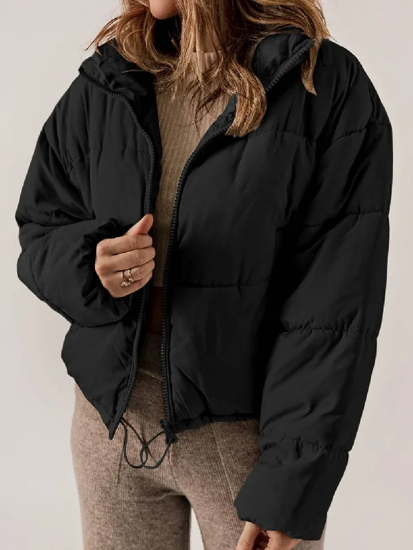 Chic Black Puffer Jacket with Adjustable Hem Plaid Jacket Tartan Jacket Houndstooth Jacket