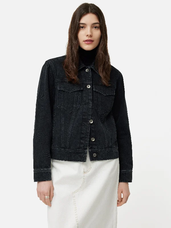 Boxy Denim Trucker Jacket | Washed Black Appliqued Jacket Beaded Jacket Sequined Jacket